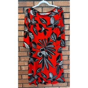 Chadwicks Red Black White Botanical Print Shift Dress Boat Neck 3/4 Sleeve